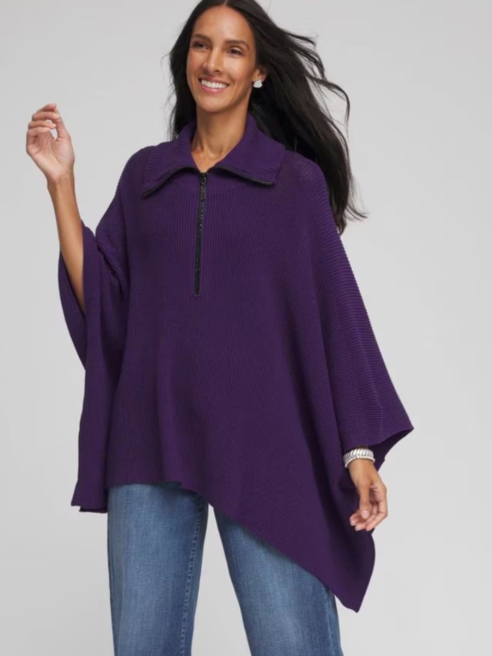 Chico’s Rhinestone Zip-Collar Sweater Poncho Purple One size Loose Fit Lagenlook